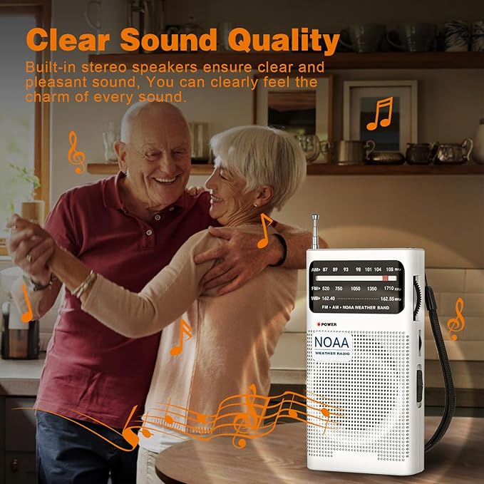 Goodes NOAA Weather Radio, AM FM NOAA Emergency Radio Portable with Best Reception, Headphone Jack, Powered by 2 AA Battery, Transistor Radios Battery-Operated for Emergency, Hurricane, Home(White)
