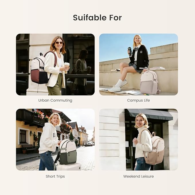 LOVEVOOK Everyday Backpack for Women, Chic Versatile Backpack with Water Bottle Pocket, Lightweight Waterproof Casual Daypack for City Work Commute, College, Travel & Gifts, Beige-Light Gray