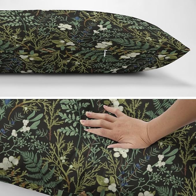 Botanical Print Floral Throw Pillow Covers Set of 2 Queen Size Black Sage Green Spring Flower Plant Pillow Cushion Cases Standard Pillow Cases Decorative Pillowcase 20X30 Inch for Sofa Bed