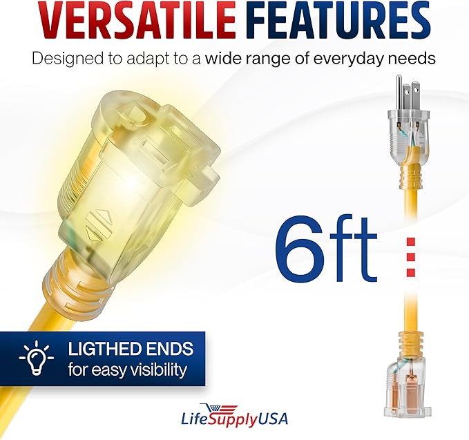 6ft Outdoor/Indoor Extension Cord 14/3 Gauge Heavy Duty 3 Prong SJTW, Waterproof, Flexible Cold-Resistant Long Power Cord,15A 125V 1875W, Yellow by LifeSupplyUSA