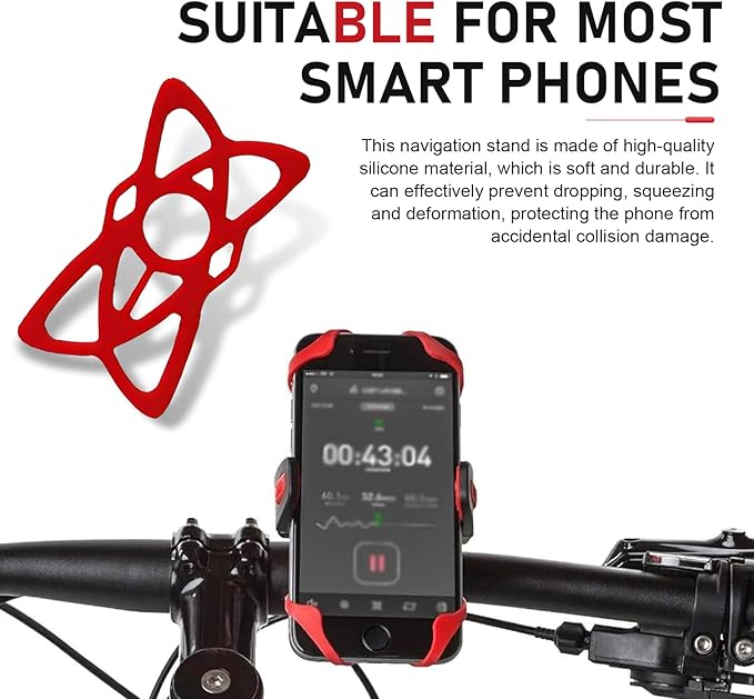 4 PCS Motorcycle Phone Mount Tether, Anti-Slip Adjustable Silicone Strap Outdoor Phone Holder, X-Shape Highly Elastic GPS Mount Tether for Handlebar, Universal for Motorcycles Bikes (Red)