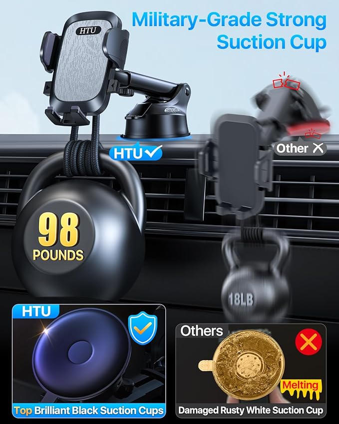 【98+LBS Strongest Suction & Military-Grade】Ultimate Car Phone Mount【Patent & Safety Certs】 Cell Phone Holder Truck Stand for Dashboard Windshield Vent for iPhone 17 Pro Max 16 15 Samsung,Dark Grey