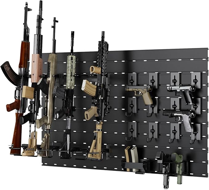 Wall Rack System - Aluminium Heavy-Duty Tactical Storage for Rifles, Carbines, Shotguns & Handguns, Modular Slatwall Organizer Holds up to 6 Rifles, 10 Pistols & 4 Mags
