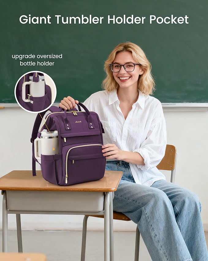 LOVEVOOK Laptop Backpack for Women with Giant Tumbler Holder Pocket,15.6 inch Waterproof Travel Backpack Purse Computer Laptop Bag,Professional Work College Nurse Teacher Backpack Daypack,Rose Purple