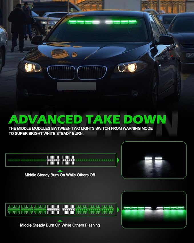 HLauto 604N Emergency Dash Strobe Lights: 2x16.8 inch Green Security Light w/Take Down, 48 LED Safety Flashing Warning Hazard Interior Windshield Light Bar for Truck Vehicle