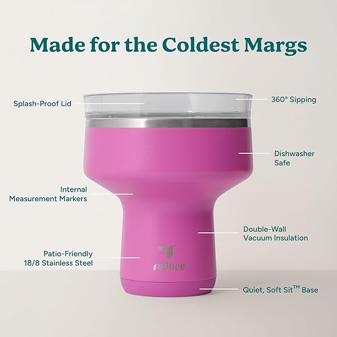 REDUCE Saltini 16 oz Cocktail Tumbler-Insulated Margarita Tumbler with Lid - Keeps Drinks Cold for 10 Hours- 60 Sippable Martini Glass Alternative - Shatterproof, Perfect for Parties - Sunset Fuschia