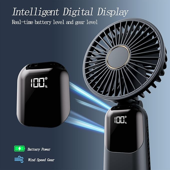 GOCKERA Portable Fan, 4200mAh Battery Operated Fan, 5 Speeds&Digital Display, Makeup Fans for Women with Base, 180°Foldable 3in1 Handheld/Neck/Desk Fan for Outdoor Indoor,Ultra Quiet (Black)