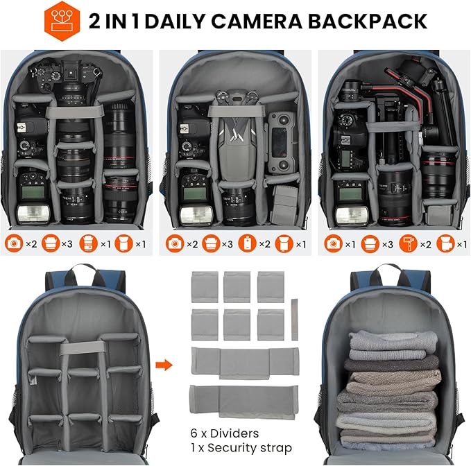 TARION Camera Bag Backpack for Photographers: Photography Camera Backpack with Laptop Compartment Waterproof Raincover Photo Backpack Bag Blue TB-M