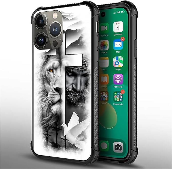 for iPhone 14 Pro Case, Lion Cross Jesus Christ Dove Pattern Graphic Design Girl Boy Soft Silicone Hard Acrylic Shock Protection for iPhone 14 Pro
