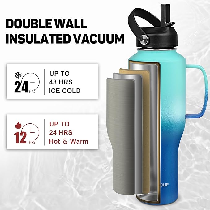 ABOTOCUP Water Bottle 40oz, Insulated Water Bottle with Handle & Straw Lids, Stainless Steel Water Bottle Fits in Any Car Cup Holder, Travel Cup Double Wall BPA-Free Leak-proof to Keep Cold &Hot