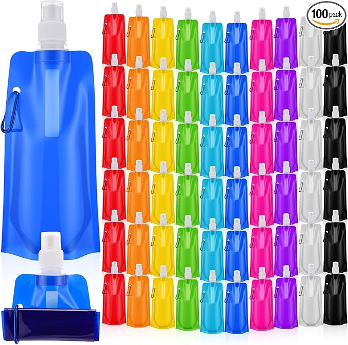 Teenyyou 100 Pack Collapsible Water Bottles Bulk 16oz Foldable Water Bottles with Carabiner Reusable Drinking Leak Proof Container Bags for Sport Biking Hiking Camping Travel Outdoor (Multiple Colors)