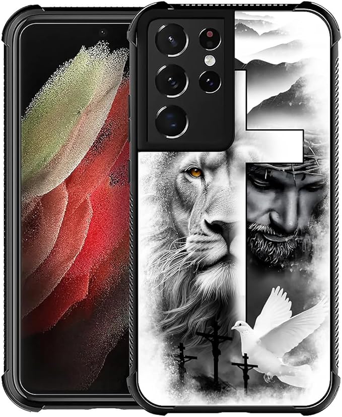 for Samsung Galaxy S21 Ultra Case, Lion Cross Jesus Christ Dove Pattern Graphic Design Girl Boy Soft Silicone Hard Acrylic Shock Protection for Samsung Galaxy S21 Ultra
