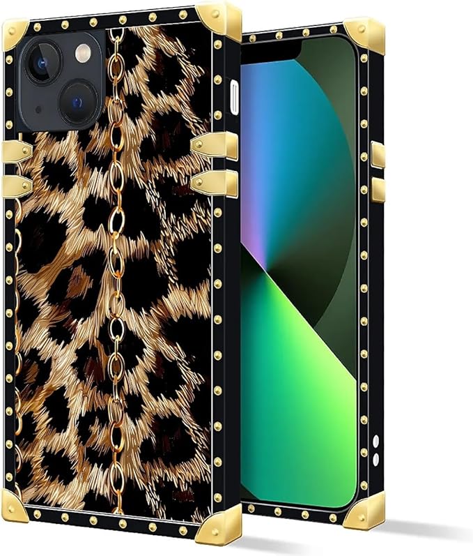 Compatible with iPhone 13 Case, Seamless Gold Chain Leopard Luxury Golden Decoration for Girl Women Soft TPU Shockproof Protective Hard PC Back for iPhone 13