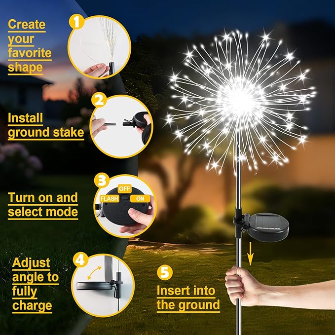 Solar Garden Lights Outdoor, 4 Pack 120 LED Twinkling Firework Lights Decorative with 2 Modes, Outdoor Waterproof Solar Starburst Light for Yard Pathway Planter Patio Decor, White