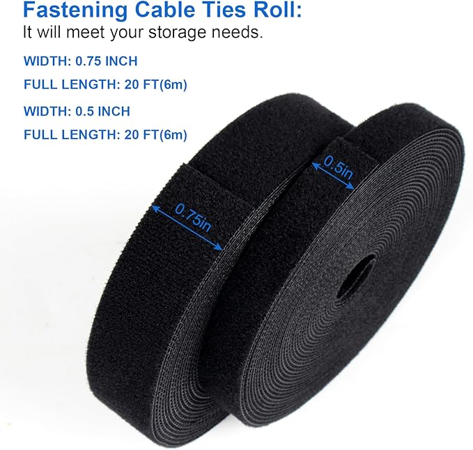 OneLeaf Fastening Cable Management Roll, Reusable Multi-Purpose Cords Management, Double Sided Hook and Loop Cable Ties Roll，Cut to Length Straps, Black Heavy Duty Wire Management