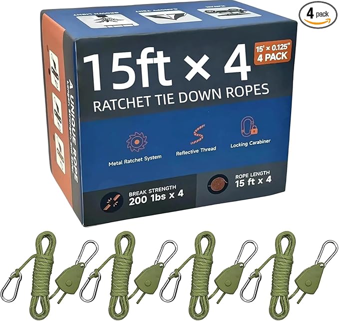 Longer 15ft Ratchet Straps Ropes Tie Down Rope Strap Small Mini Reflctive Outdoor Windproof Rope Roller Adjustable Camping Tent Hanger Grow Light Kayak Paracord 4 Pack 1/8"