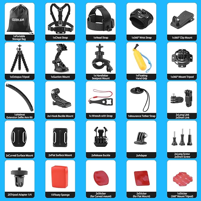 Action Camera Accessories Kit - Compatible for GoPro, AKASO, Campark, Crosstour, APEMAN, COOAU, Apexcam, SJCAM, SJ4000 and Waterproof Underwater Sports Camera