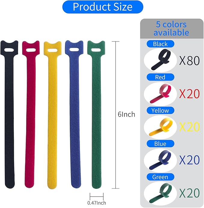 160PCS 6inches Cable Ties Reusable Multi-Colour Cord Straps Multi-Purpose Wire Ties Cord Wrap Hook and Loop Organizer Adjustable Cable Management