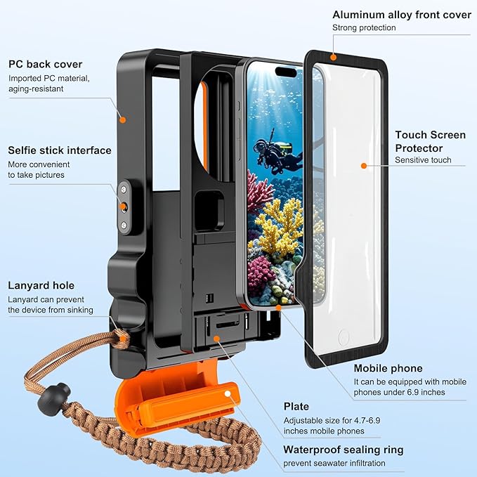 33ft Snorkeling Phone Case, Gen 4 IP68 Waterproof Housing for iPhone 16/15/14/13/12/11 Pro Max Samsung Galaxy S24/S23/S22, Touchscreen Full Protection