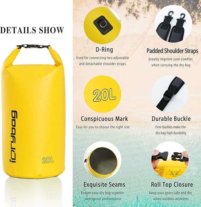IDRYBAG Dry Bag for Kayaking Waterproof 2L/5L/10L/15L/20L, Small Dry Sack Waterproof Bag for Boating