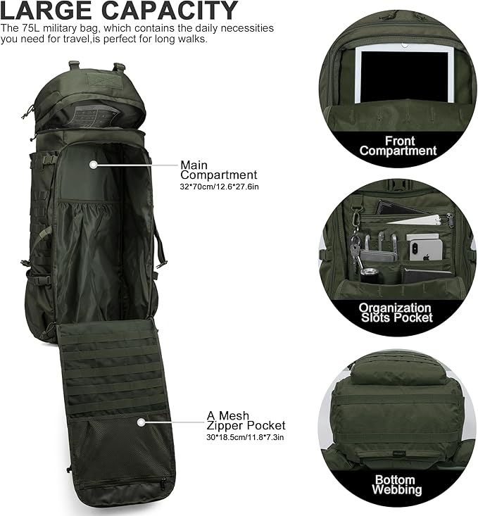 Mardingtop 75L Molle Hiking Internal Frame Backpacks with Rain Cover for Camping,Backpacking,Travelling(Ranger Green)