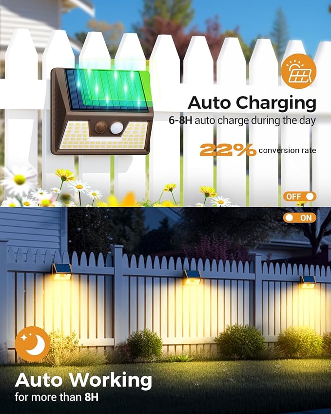 vighep 12 Pack Solar Fence Lights Waterproof, Motion Sensor Deck Lights Outdoor, Cold White LED Outside Lamp Wireless for Wall Yard Steps Stairs Garden - Brown