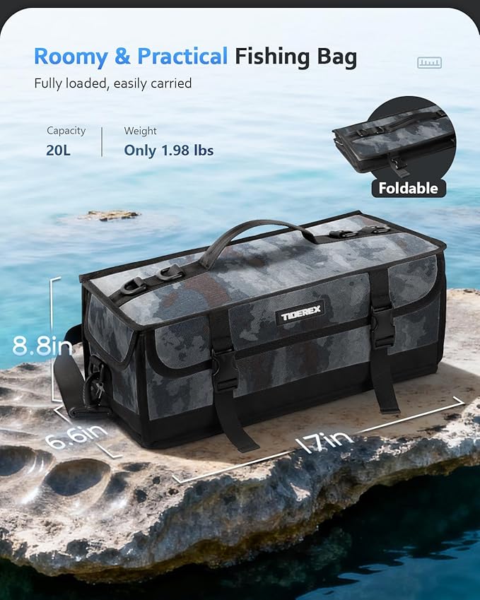 Large Fishing Tackle Bag for Soft Plastic Baits Storage, 20PCS Soft Bait Clear Storage Bag, Fishing Gear Organizer for Weights, Reels & Hooks, 900D Waterproof Oxford Fabric