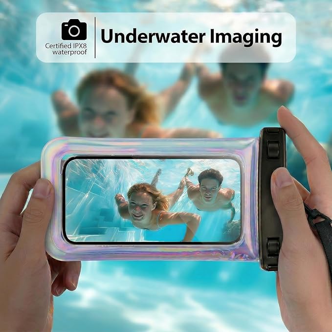 Floatable Waterproof Phone Pouch Case for iPhone 17 16 Pro Max/15/14, IP68 Travel Cellphone Dry Bag Beach Cruise Ship Essentials Bags with Crossbody Lanyard, Iridescent Purple with Word - 7″