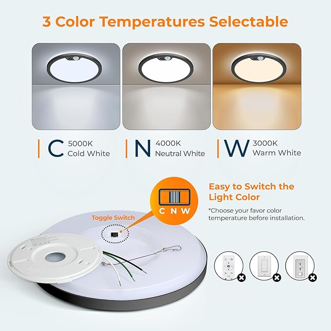 BLNAN Motion Sensor Ceiling Light Wired, 12 Inch 3000K 4000K 5000K Selectable LED Flush Mount Light Fixture, Motion Activated Light with Timer for Hallway Stair Walk-in Closet, Black Frame