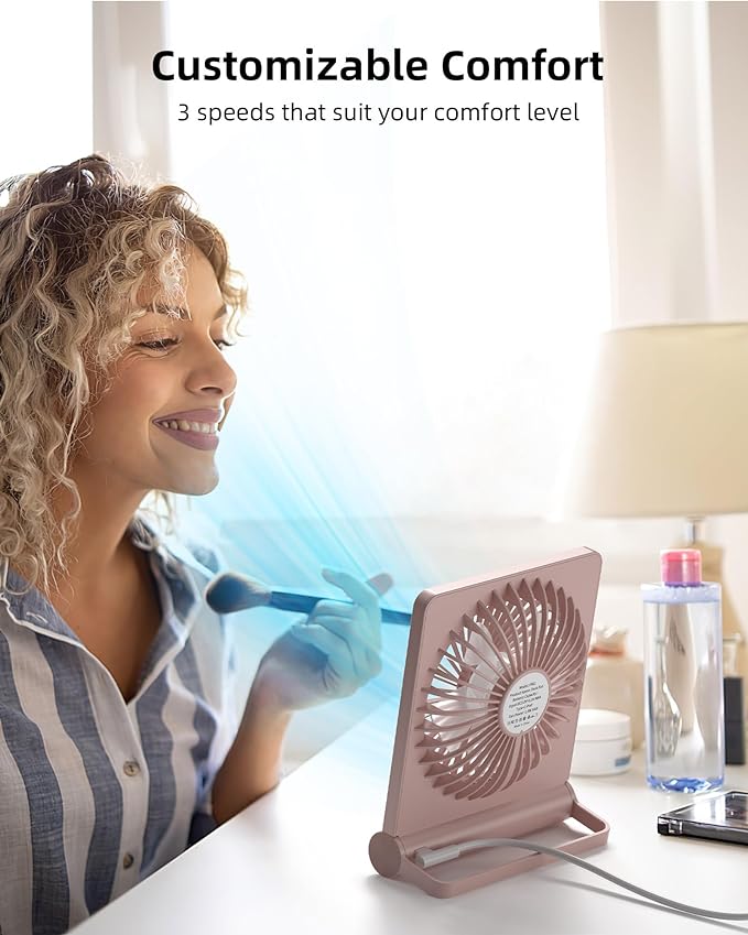 Koonie USB Fan, Strong Wind Ultra Quiet Small Desk Fan 220° Tilt Folding 3 Speeds Adjustable USB-C Powered Personal Fan for Home Office Desktop, Pink, NO BATTERY