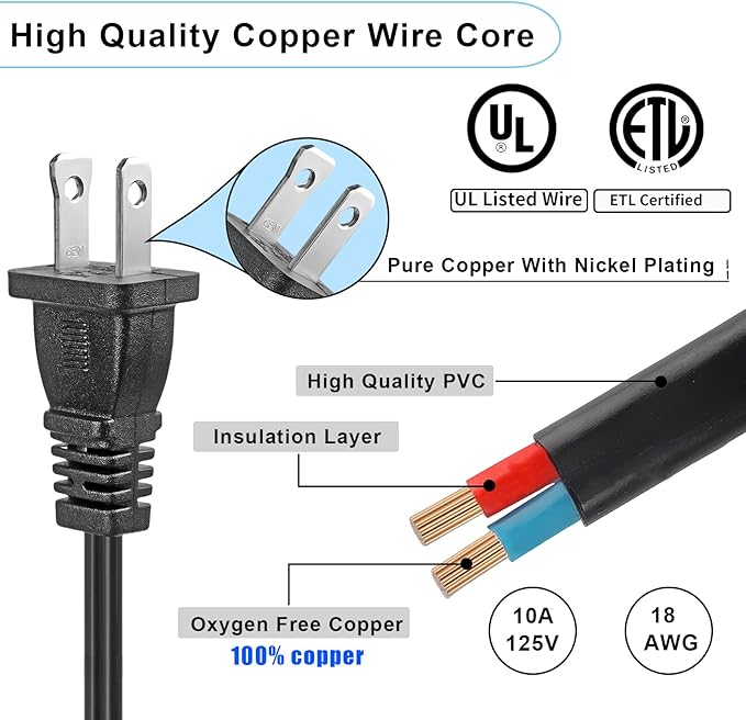 Long 2 Prong Extension Power Cord 16.5FT, Polarized Plug Flexible Power Cable, US Male/Female Power Cable for NEMA 5-15P to NEMA 5-15R, UL Listed Perfect for Home, Office or Christmas Lights