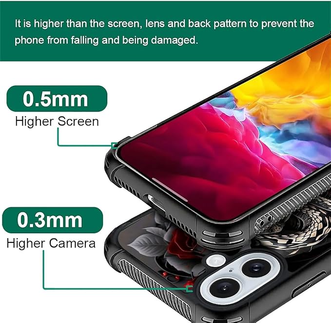 for iPhone 16 Plus Case, Entwined Rose Snake Pattern Graphic Design Girl Boy Soft Silicone Hard Acrylic Shock Protection for iPhone 16 Plus