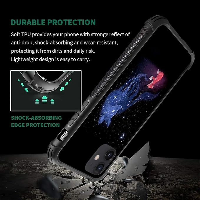 for iPhone 11 Case, Galaxy Fox Wolf Pattern Graphic Design Girl Boy Soft Silicone Hard Acrylic Shock Protection for iPhone 11