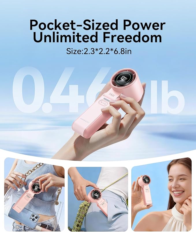 KIMMOO 3-in-1 Portable Handheld Turbo Fan-100 Speeds,Powerful 20000 RPM, 12Hrs Cooling, LED Display, 120° Rotation, USB Rechargeable Mini Hand Held Personal Fan for Travel Makeup Outdoor Indoor, Pink