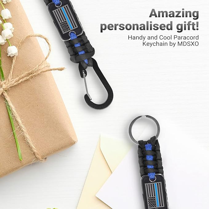 Short Thin Blue Line Paracord Keychain Neck Lanyard for Keys with Cool USA Flag Men Women