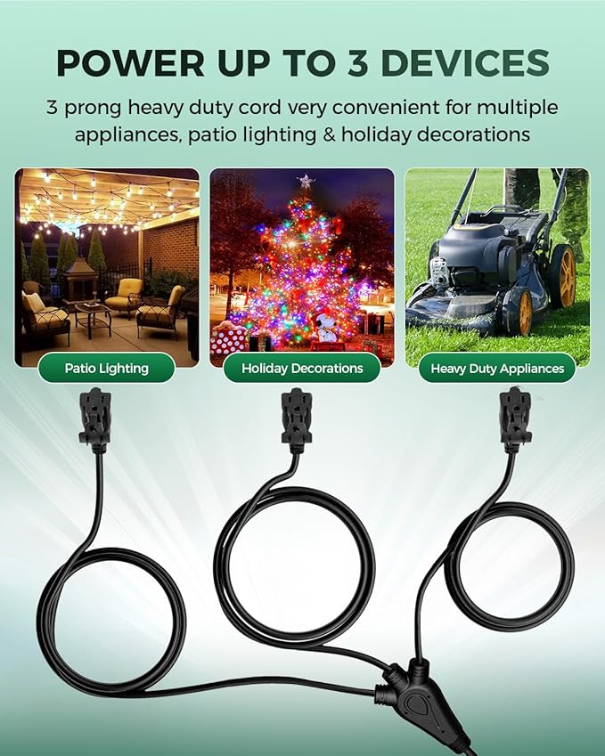 28 Ft Outdoor Extension Cord, 1 to 3 Splitter Heavy Duty Weatherproof Power Cord, 16/3 SJTW, 3 Grounded Outlets Flat Plug for Patio, Garden Displays, Lights, Black ﻿