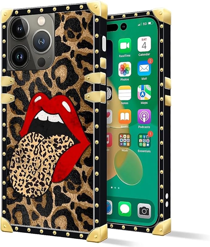 Compatible with iPhone 14 Pro Max Case, Brown Leopard Print Mouth Luxury Golden Decoration for Girl Women Soft TPU Shockproof Protective Hard PC Back for iPhone 14 Pro Max