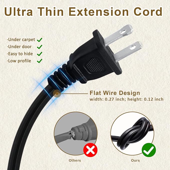 25 FT 2 Prong Extension Cord, 18AWG SPT-2 Indoor Male to Female Power Cord ETL Listed Extra Long Extension Cords, Flexible & Thin Design for Home Office Use, 10A 1250W, Polarized Plug, Black