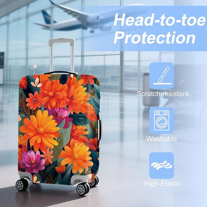 ANNA QUEEN Boho Floral Luggage Cover,Spring Orange Flower Pattern Suitcase Protector,Stretchable,Washable & Water Resistant, Universal Fit for 20-22 Inch Checked Baggage