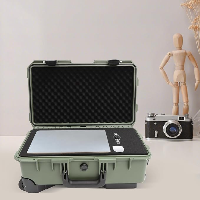 22" Weatherproof Hard Case Rolling Waterproof Case Dry Box with Foam Protective Cases Shockproof Hard Travel Cases For Cameras Lenses Electronic Equipment (Green)