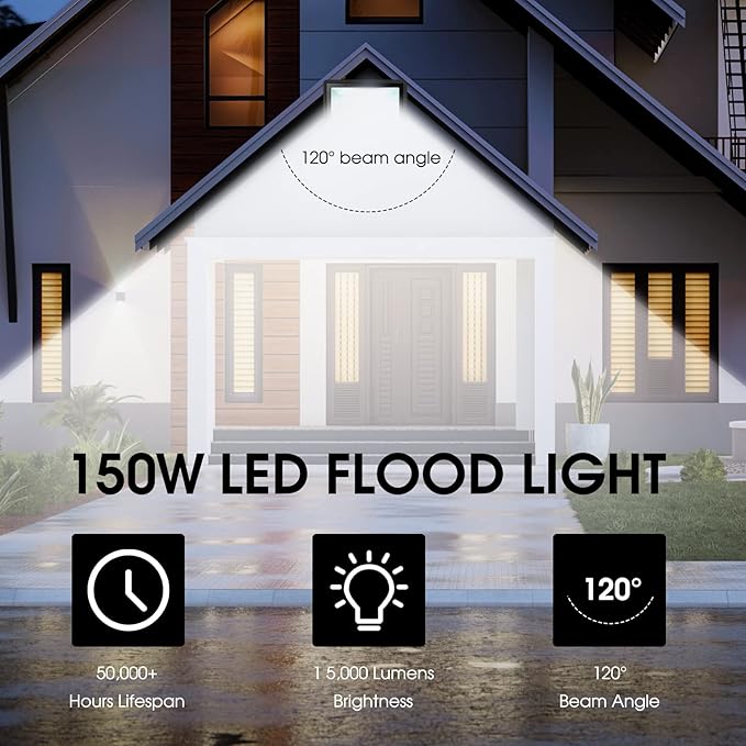XYCN 150W LED Flood Light Outdoor,2 Pack 15500LM Super Bright Security Light,IP66 Waterproof Floodlight,5000K Daylight White LED Exterior for Basketball Court, Stadium, Playground