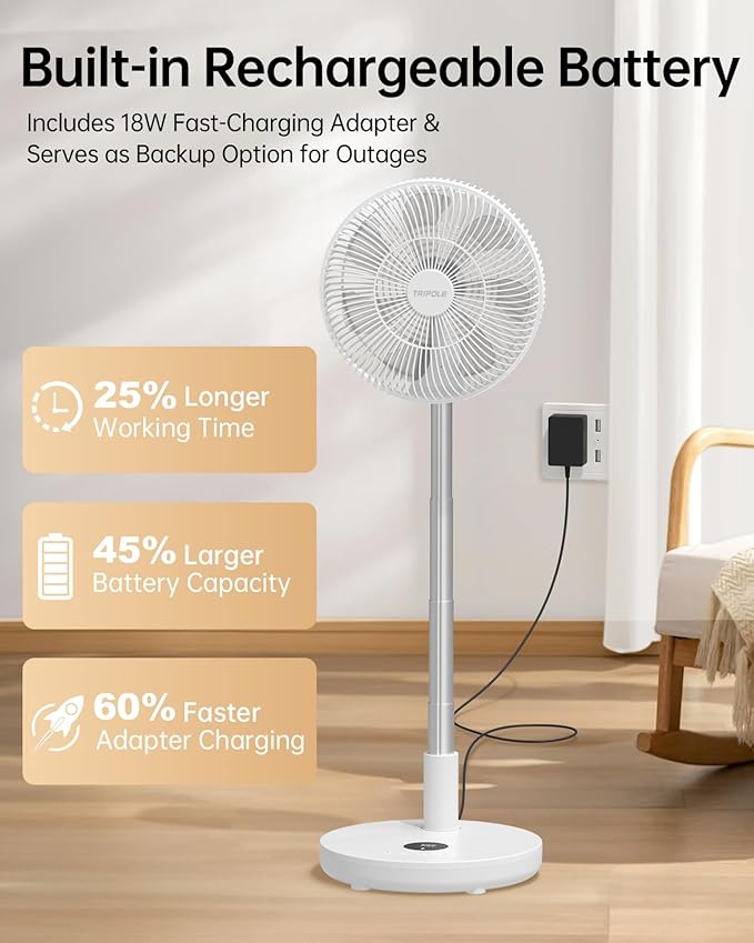 TriPole Oscillating Fan Portable Quiet Standing Fan with Remote, 12" Rechargeable Pedestal Fans for Bedroom Office, Foldable Battery Powered Travel Fans, Adjustable Height, 8H Timer, 6 Speeds, 44.4Wh