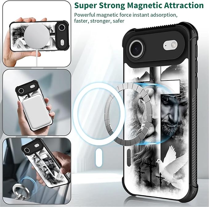 for iPhone 17 Air Case,for MagSafe Graphic Design for Girl Boy Soft Silicone Hard Acrylic Shock Protection Designed for iPhone 17 Air Lion Cross Jesus Christ Dove Pattern