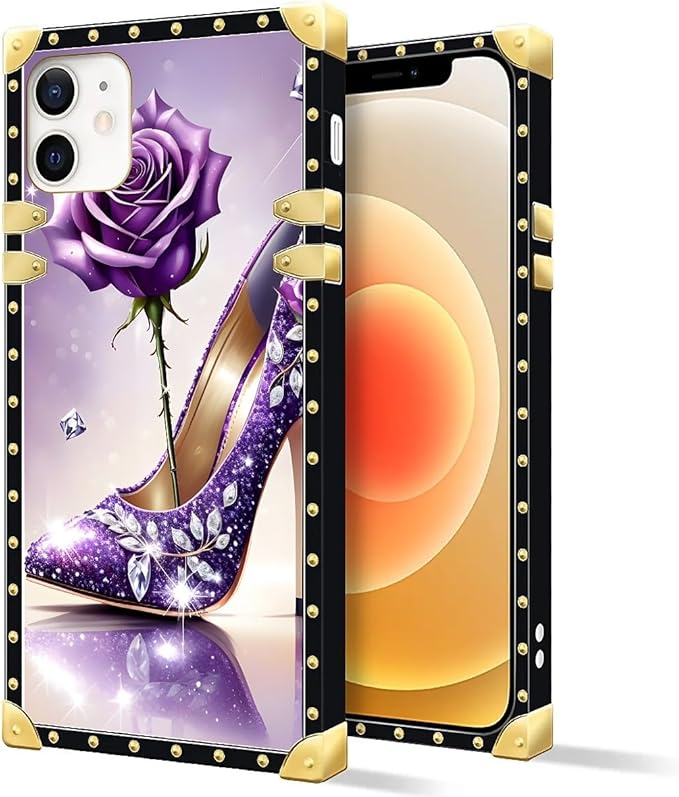 Compatible with iPhone 11 Case, High Heeled Purple Diamond Rose Luxury Golden Decoration for Girl Women Soft TPU Shockproof Protective Hard PC Back for iPhone 11