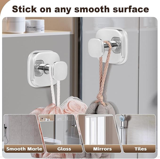 Suction Cup Hooks for Shower Heavy Duty No-Drill– Reusable Multi-Purpose Hooks Adheres to Glass, Mirrors, Tiles & Smooth Surfaces for Towels, Robes, Loofah& Body Sponge (4, Chrome Polished)