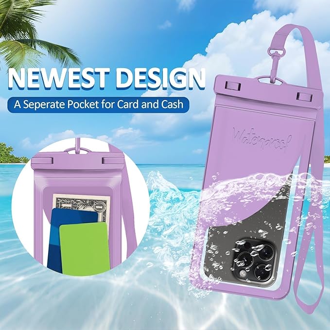 Universal Waterproof Phone Case, with Inside Card Pack, Waterproof Beach Bag for iPhone 17 16 15 14 Pro Max up to 8.3", IPX8 Cell Phone Pouch for Cruise Travel Accessories, 2 Pack-Black&Purple