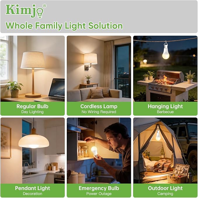 Kimjo 4 Pack Rechargeable Light Bulbs with Remote, Keep Lighting During Power Outage, 2600mAh Emergency Battery Operated Light Bulb with 3 Colors, Dimmable for Home, Camping, Tent (E26, with Hook)