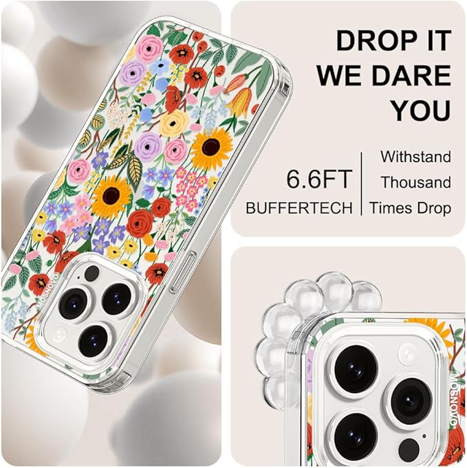 MOSNOVO Case for iPhone 15 Pro, [Buffertech 6.6ft Military-Grade Drop Protection] [Anti Peel Off Tech] Clear TPU Bumper Phone Case Cover Design - Blossom & Bloom