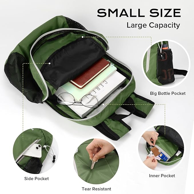 VPBAGE 15L Water-resistant Hiking Daypack, Small Backpack Travel Outdoor, Lightweight Packable Day Pack Carry On for Women Men Adults