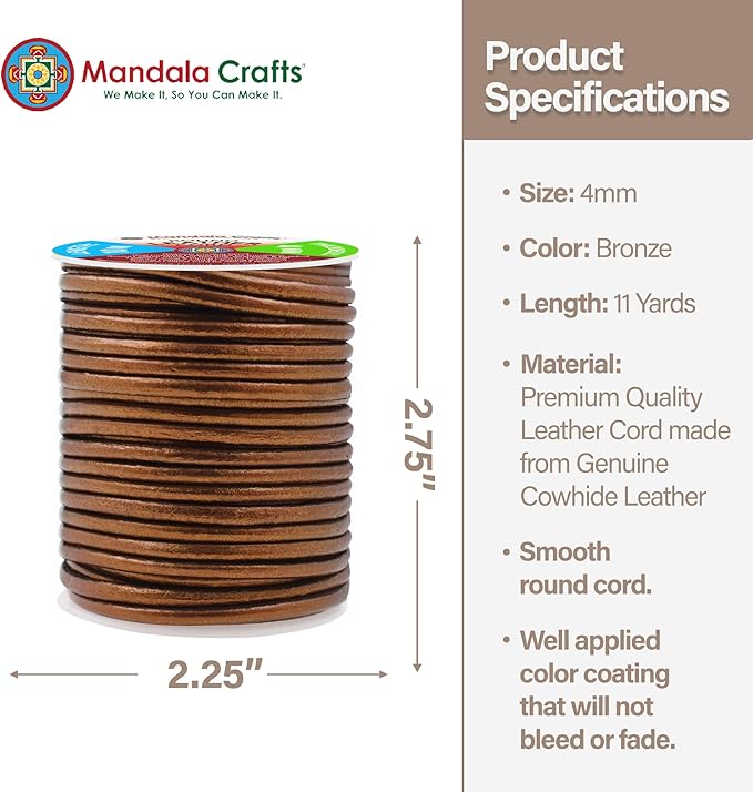 Mandala Crafts Round Genuine Bronze Leather Cord for Jewelry Making – 4mm Cowhide Leather Rope String Lace for Kumihimo – 11 Yards Cowhide Craft Cording Spool